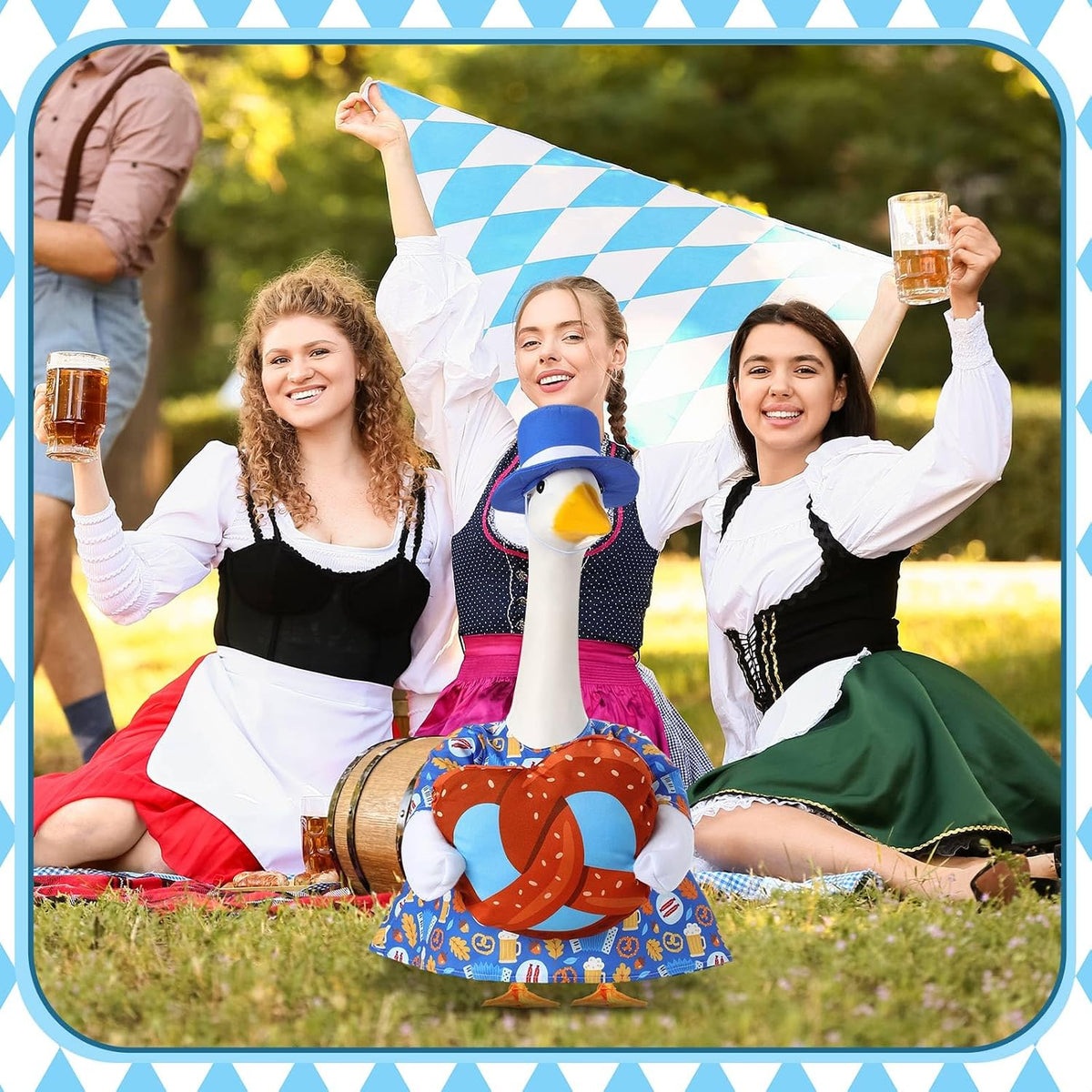 1 Set Oktoberfest Goose Outfit 23 Inch Hat Cape Pretzel,Bread | Bavarian Costume for Cement Statue, Blue Felt Hat with Ribbon, Pretzel Decor, Patterned Cape, Porch Yard Garden Outdoor