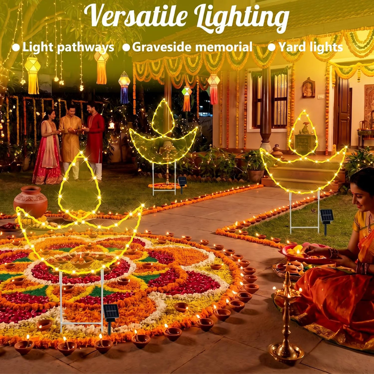 3 Pcs Indian Diwali Diya Solar Lights Outdoor 12.7 Inch Diwali Diya Lighted Yard Stakes Waterproof Solar Lamps for Hindu Deepavali Party Decorations 6–8 Hour Runtime