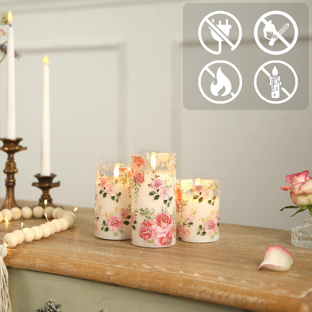 Flameless Rose Candles Glass, Pink Floral Battery Remote Candles | Romantic Pink Rose LED Candles Set of 3, Valentine'S Day Fake Battery Candles Gift Home Table Mantel Decor