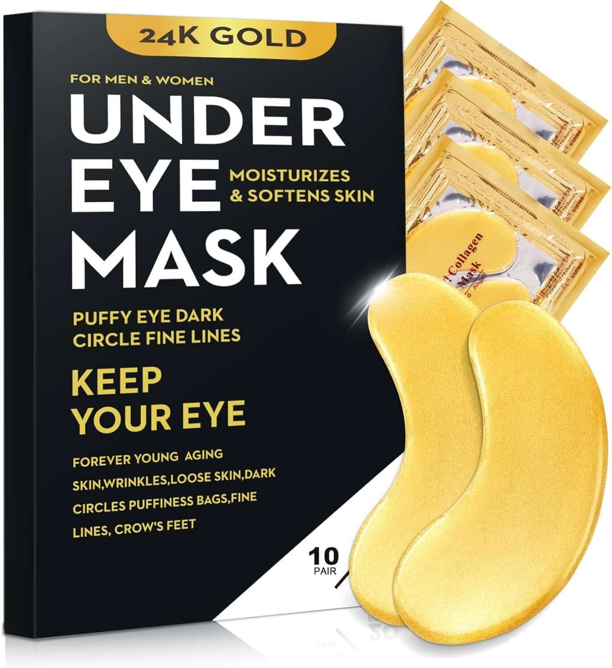 20Pcs/10Pairs under Eye Patches Gold for Dark Circles, Puffy Eyes, and Wrinkles, 24K Gold Eye Mask for Face, Eye Cream for Men and Women