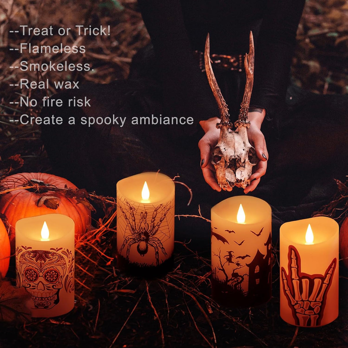 Halloween Flameless LED Candles with Remote Control, 3"X 5"Battery Operated Pillar Real Wax with Timer for Halloween Decorations, Spider Candle