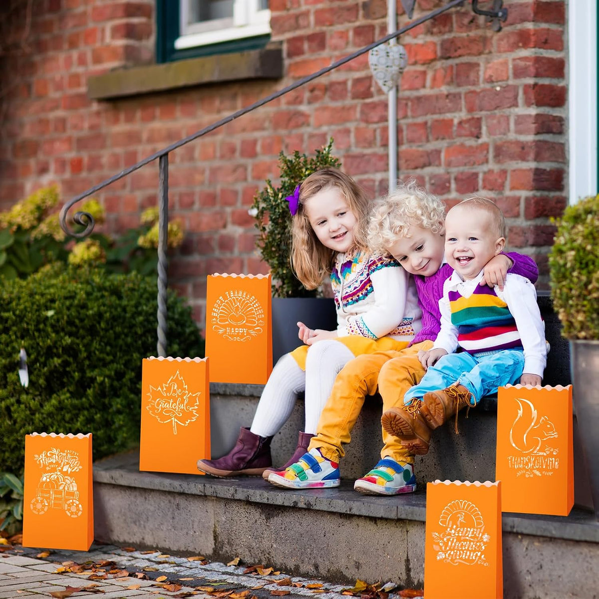 24 Thanksgiving Luminary Bags with LED Lights, 6 Designs Orange | Flame Resistant Paper Lantern for Party, Includes Flameless Candles, Squirrel Turkey Pumpkin Maple Leaf Autumn Patterns