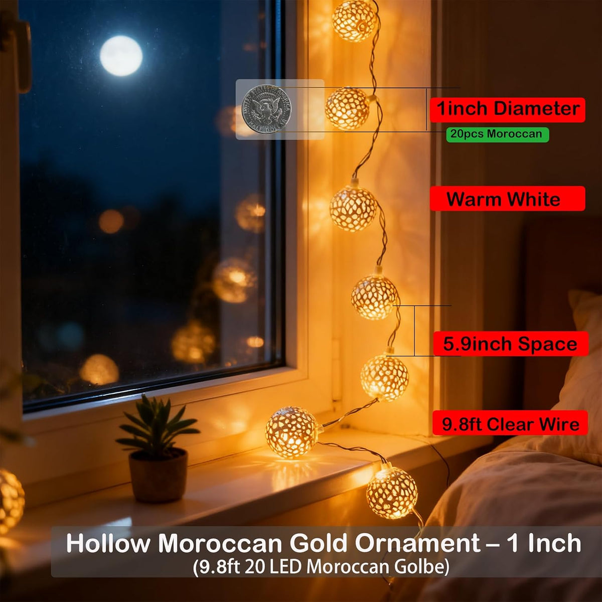 Usb & Battery Lighting 20 LED Fairy Gold Lantern Lights String Diwali Decor | Globe Moroccan Lamp, Decorative Romantic Warm White 9.8Ft Boho Night Light String for Bedroom, Christmas, Birthday Party