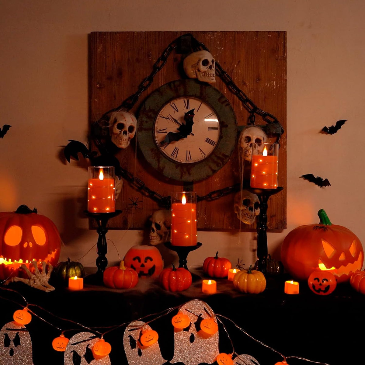 Halloween Orange Flameless Candles with String Lights, Battery Operated LED Candles with Remote and Timer, Candles for Halloween Decoration, Fall, Harvest Festival