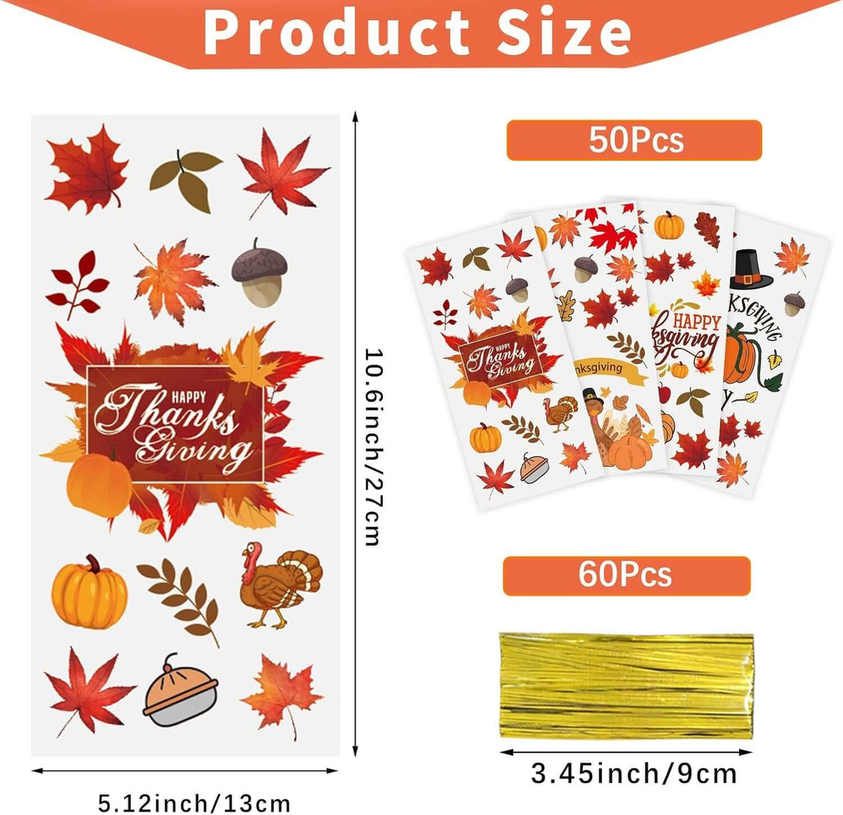 50PCS Thanksgiving Treat Bags with 60 Twist Ties – Fall Cellophane Gift Bags for Cookies, Candy, Snacks, and Party Favors – Pumpkin, Turkey & Maple Leaf Thanksgiving Goodie Bags for Kids