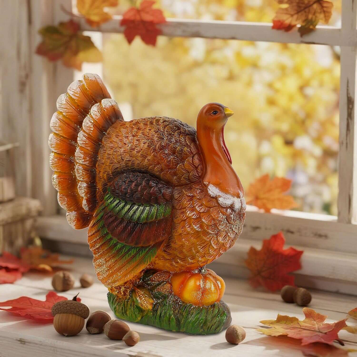 Thanksgiving Resin Turkey Table Decorations, 9.5" Tall | with Pumpkin, Hand-Painted, Fall Turkey Figurine Centerpieces for Tables, Home Kitchen Office Harvest Decor