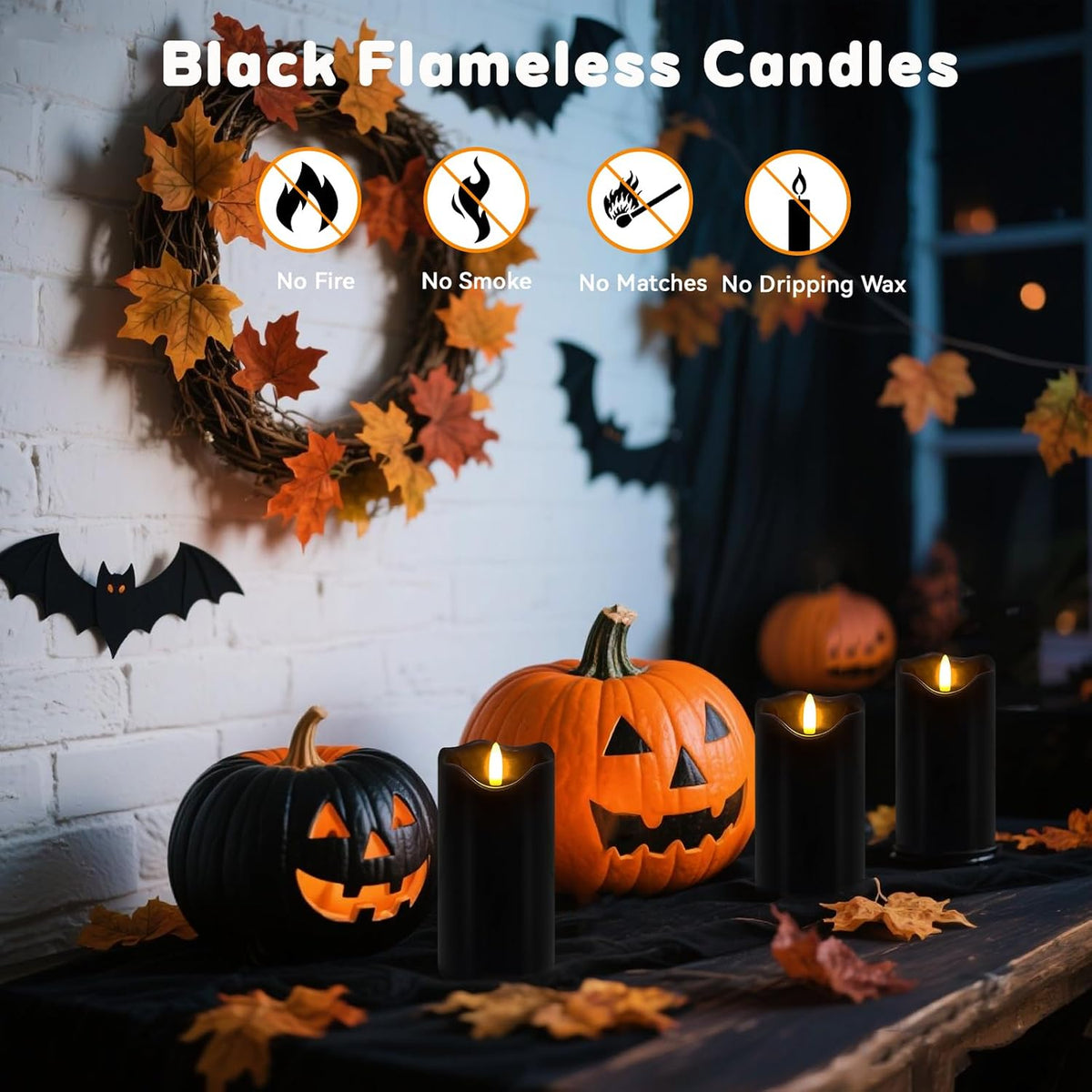 Black Flameless Candles Set of 2, Halloween Candles with Remote & Timer | 6"X3" Flickering Real Wax Pillar Candles Battery Operated, Electric LED Candles Light for Halloween Gothic Home Decor