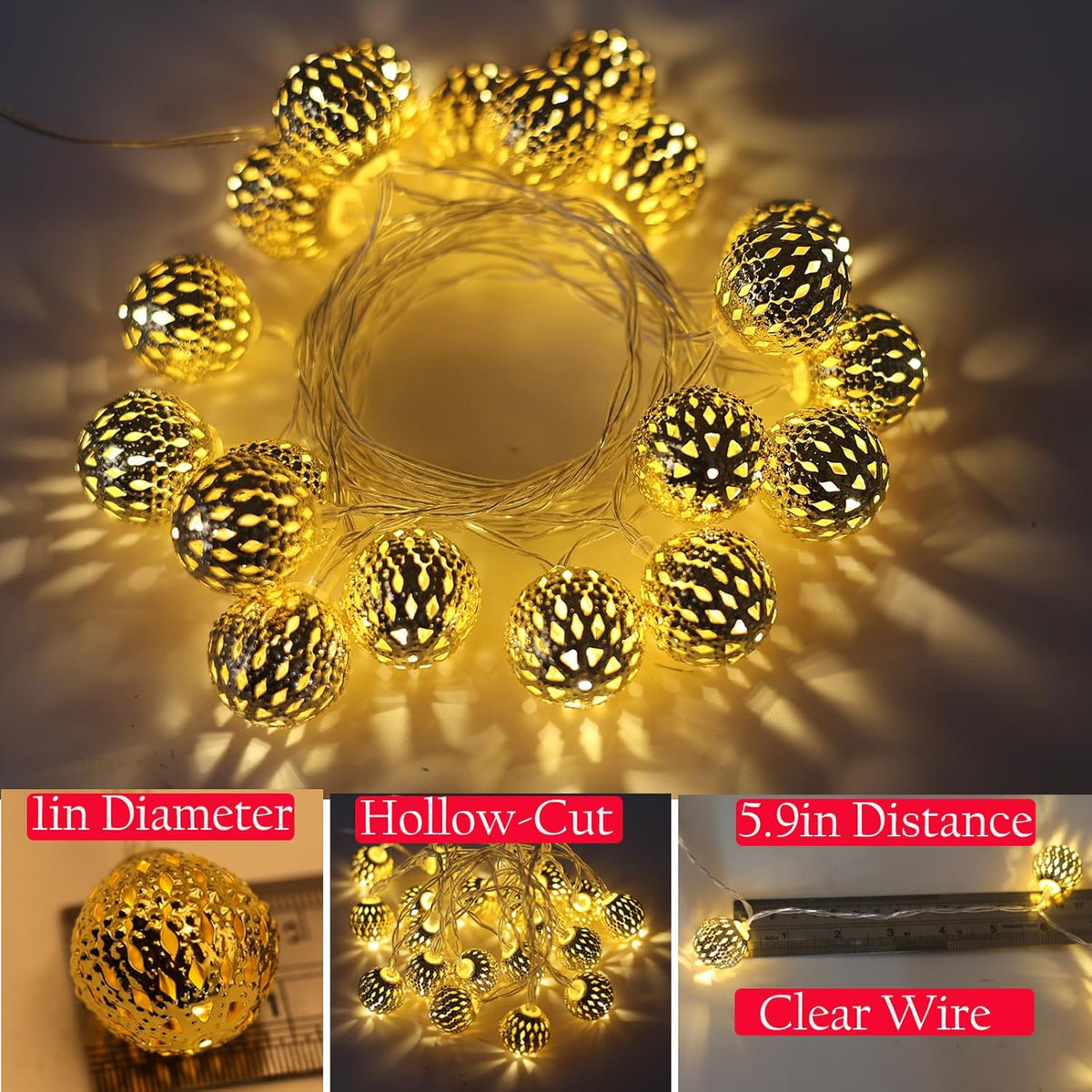 Usb & Battery Lighting 20 LED Fairy Gold Lantern Lights String Diwali Decor | Globe Moroccan Lamp, Decorative Romantic Warm White 9.8Ft Boho Night Light String for Bedroom, Christmas, Birthday Party