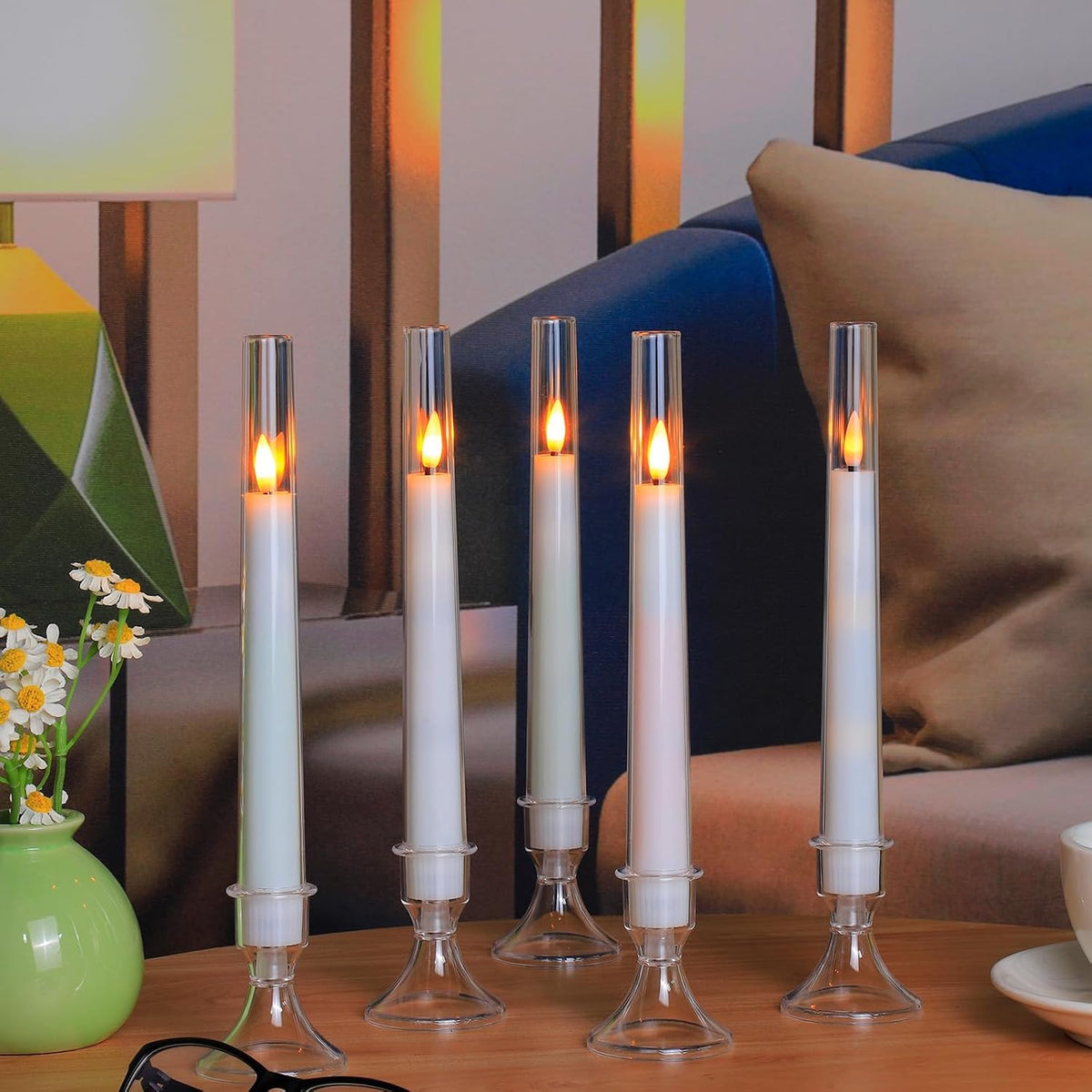 12PC Flameless Taper Candles - LED Candles, Flickering Design with Base, Perfect for Home, Windows，Decoration，Weddings, Parties (White)