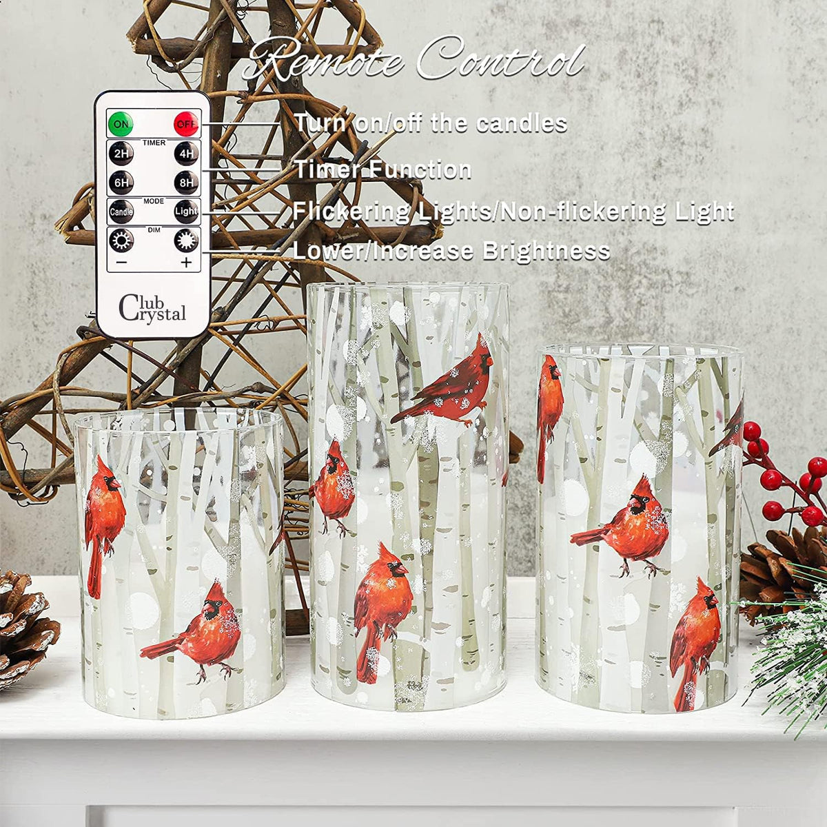 Christmas Flameless Candles with Remote, Cardinal Theme | Battery Operated LED Candles with Timer, Real Wax & Glass Effect Candle for Christmas Home Festival Décor, Set of 3