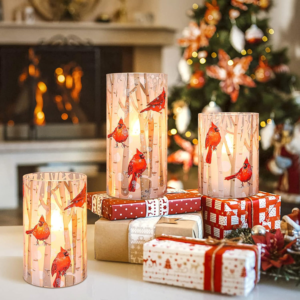 Christmas Flameless Candles with Remote, Cardinal Theme | Battery Operated LED Candles with Timer, Real Wax & Glass Effect Candle for Christmas Home Festival Décor, Set of 3