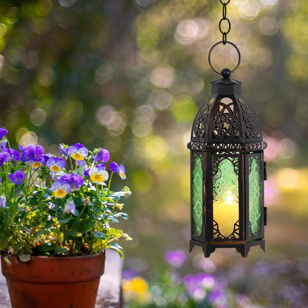 Christmas Decorations for Home, 11’’ Medium Size Vintage Metal Hanging&Tabletop Candle Holder Decor, Halloween Ramadan Decorations for Indoor Outdoor Porch Patio (Green)