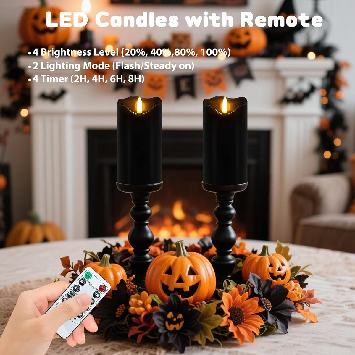 Black Flameless Candles Set of 2, Halloween Candles with Remote & Timer | 6"X3" Flickering Real Wax Pillar Candles Battery Operated, Electric LED Candles Light for Halloween Gothic Home Decor