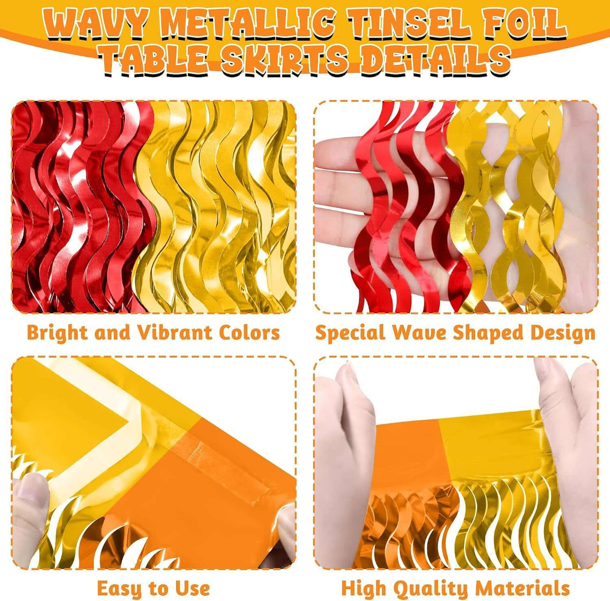 Thanksgiving Table Skirt Decor, 2 Pack Red Orange Gold Desk Skirts Decorations, Metallic Thanksgiving Wavy Tinsel Foil Fringe Table Skirts, Foli Table Skirt for Fall Holiday Party Backdrop Decor