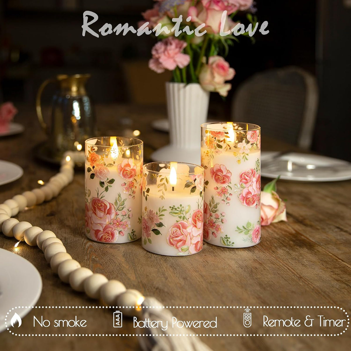 Flameless Rose Candles Glass, Pink Floral Battery Remote Candles | Romantic Pink Rose LED Candles Set of 3, Valentine'S Day Fake Battery Candles Gift Home Table Mantel Decor