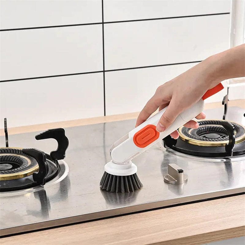 Long-Handle Dish Cleaning Brush with Liquid Dispenser – Multi-Functional Washing Up Brush with 2 Replacement Heads