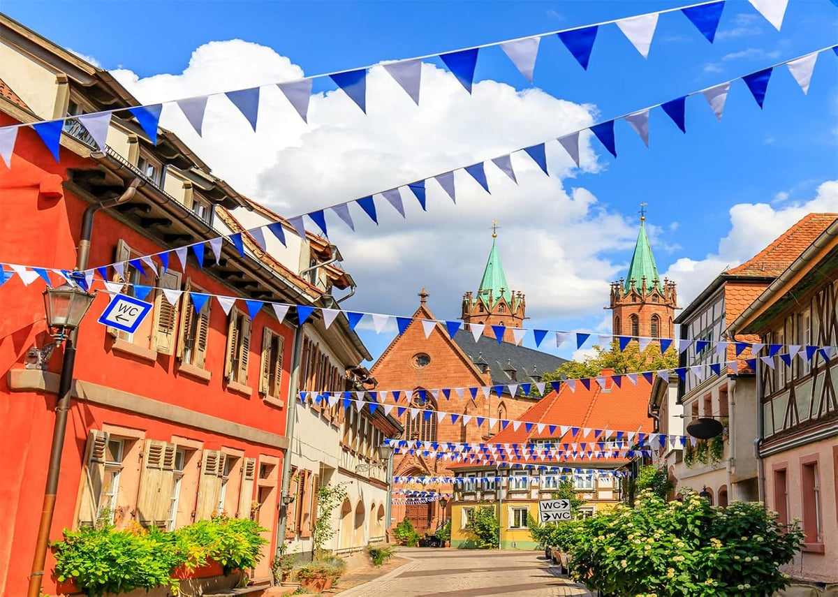 7X5Ft Fabric Oktoberfest Backdrop Germany Bavaria Town Street with Bavarian Flags Beer Festival Backdrop Rothenburg Ob Der Tauber Background Munich Carnival Party Decorations Photo Studio Props
