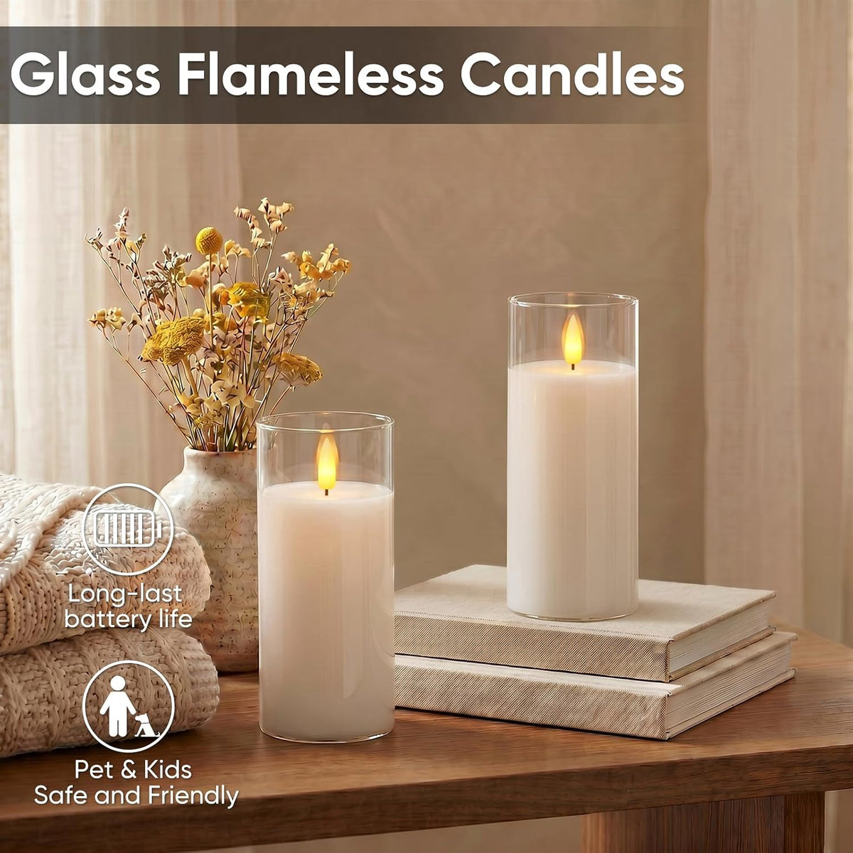 Clear Glass Flameless Candles, 3D Wick Real Wax LED Pillar Set of 2 | Remote Timer Control with Warm Flickering Glow, Pure White Led Pillar Candles Create Cozy Decor for Wedding, Christmas & Home