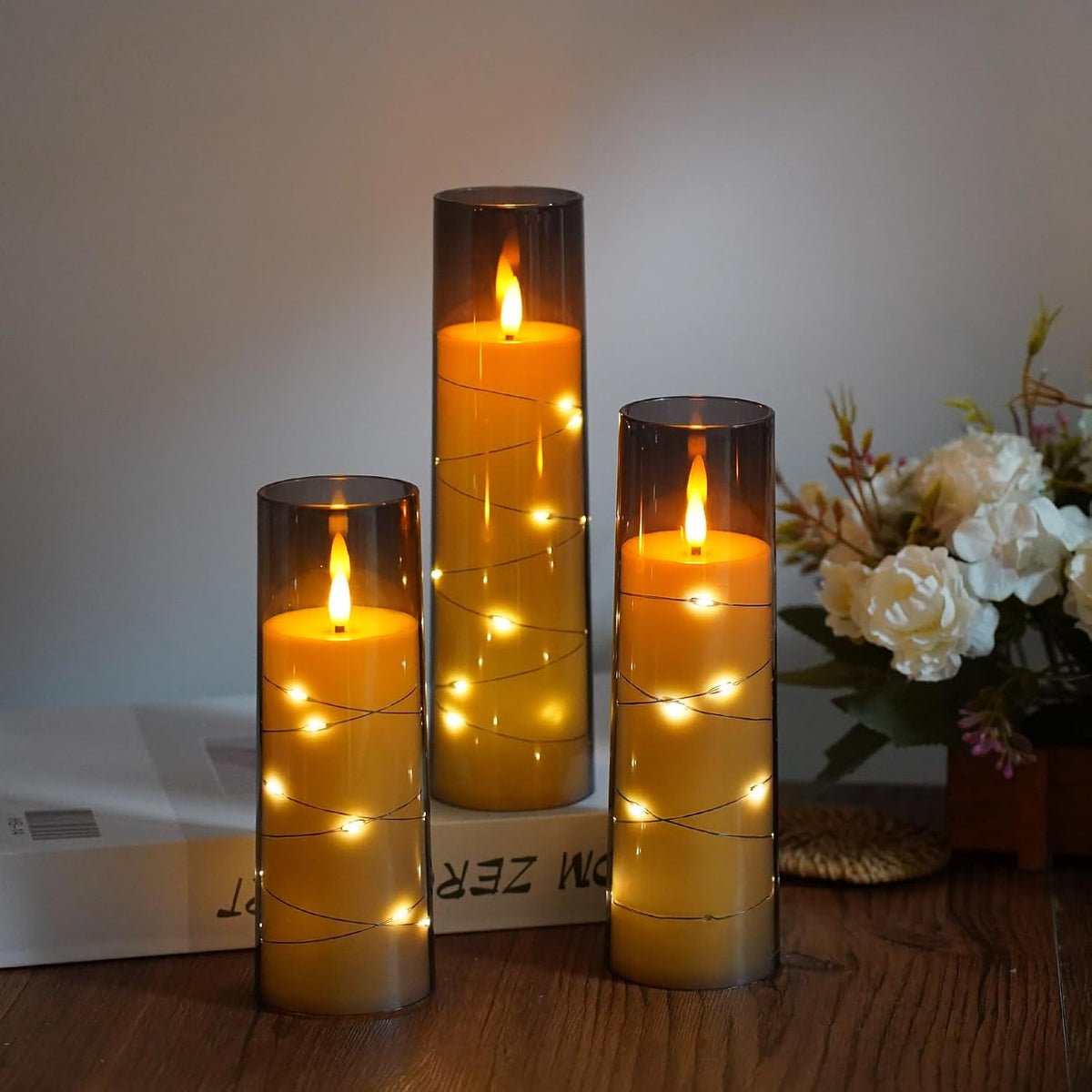 Flameless Candles,With Embedded Star String, Battery Operated Candles Flickering LED Pillar Candles with Remote Control and Timer, Home Decoration Add a Warm and Romantic Atmosphere，Set of 7 (Grey)