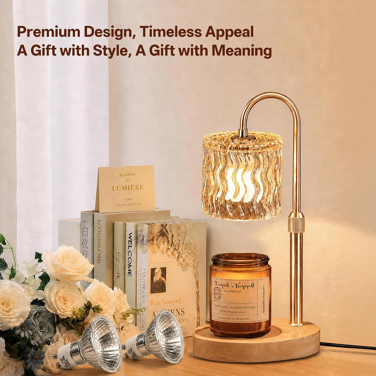 Decorative Ripple Glass Candle Warmer Lamp, Dimmable | Gold Warmer Lamp with Timer Adjustable Height, Flameless Cozy Warmer Home Décor for Bedroom, Bathroom, Tea Room, Rest Room