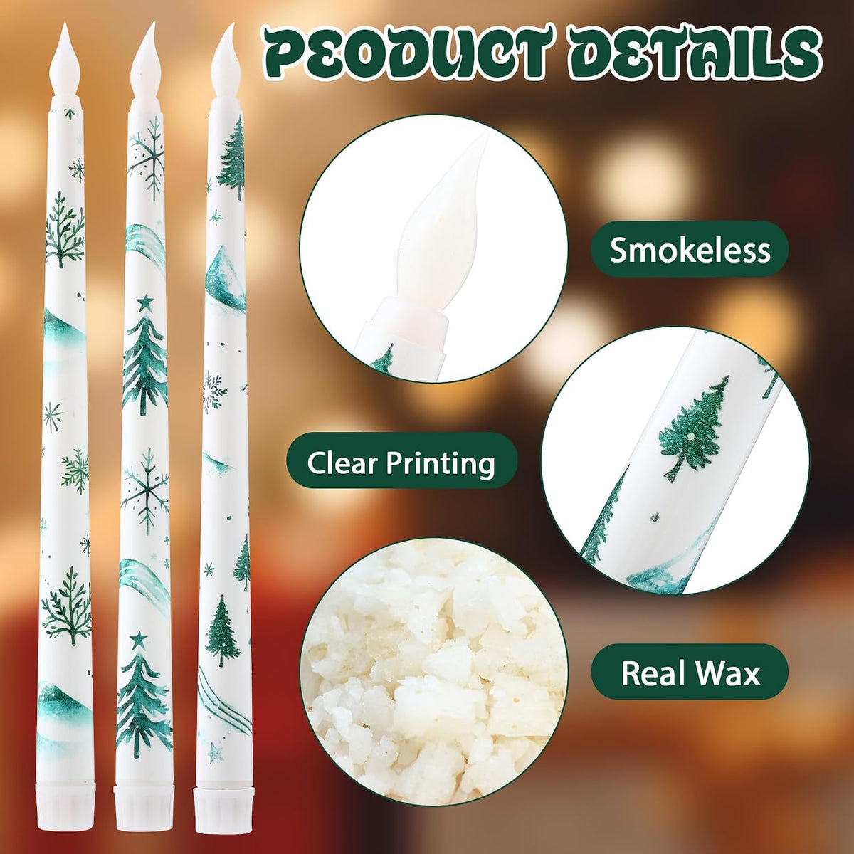 Christmas Trees Flameless Taper Candles 11 Inch Long Forest Battery Operated LED Candles Table Centerpiece for Xmas Winter Holiday Party Decoration