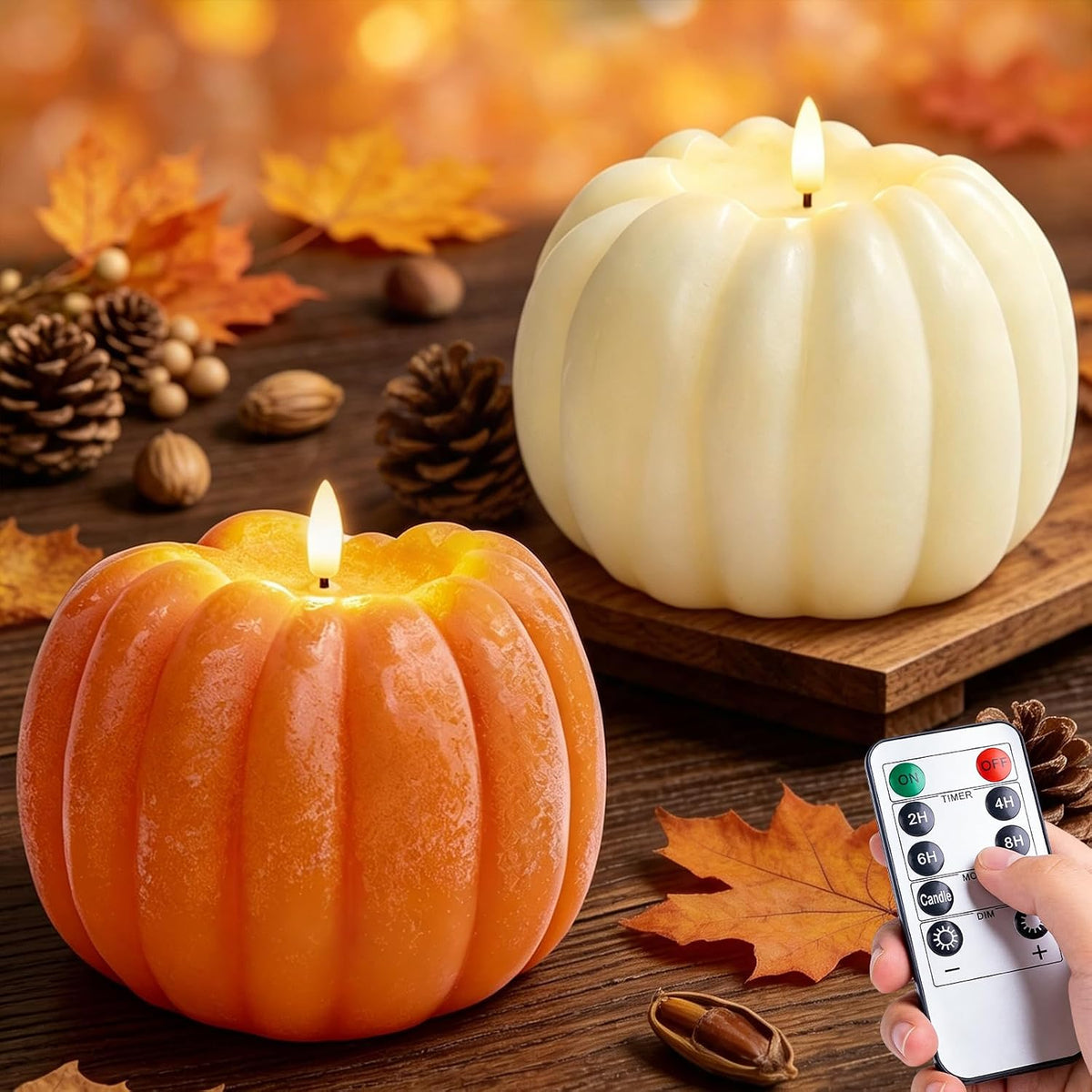 Fall Decorations for Home, Flameless Pumpkin Candle, Orange, White, 2Pack | Fall Decor for Thanksgiving, Halloween, Farmhouse, Table, Room, Kitchen, Wax, Remote, Timer, Battery Operated, 5.3"D, 5.1"H