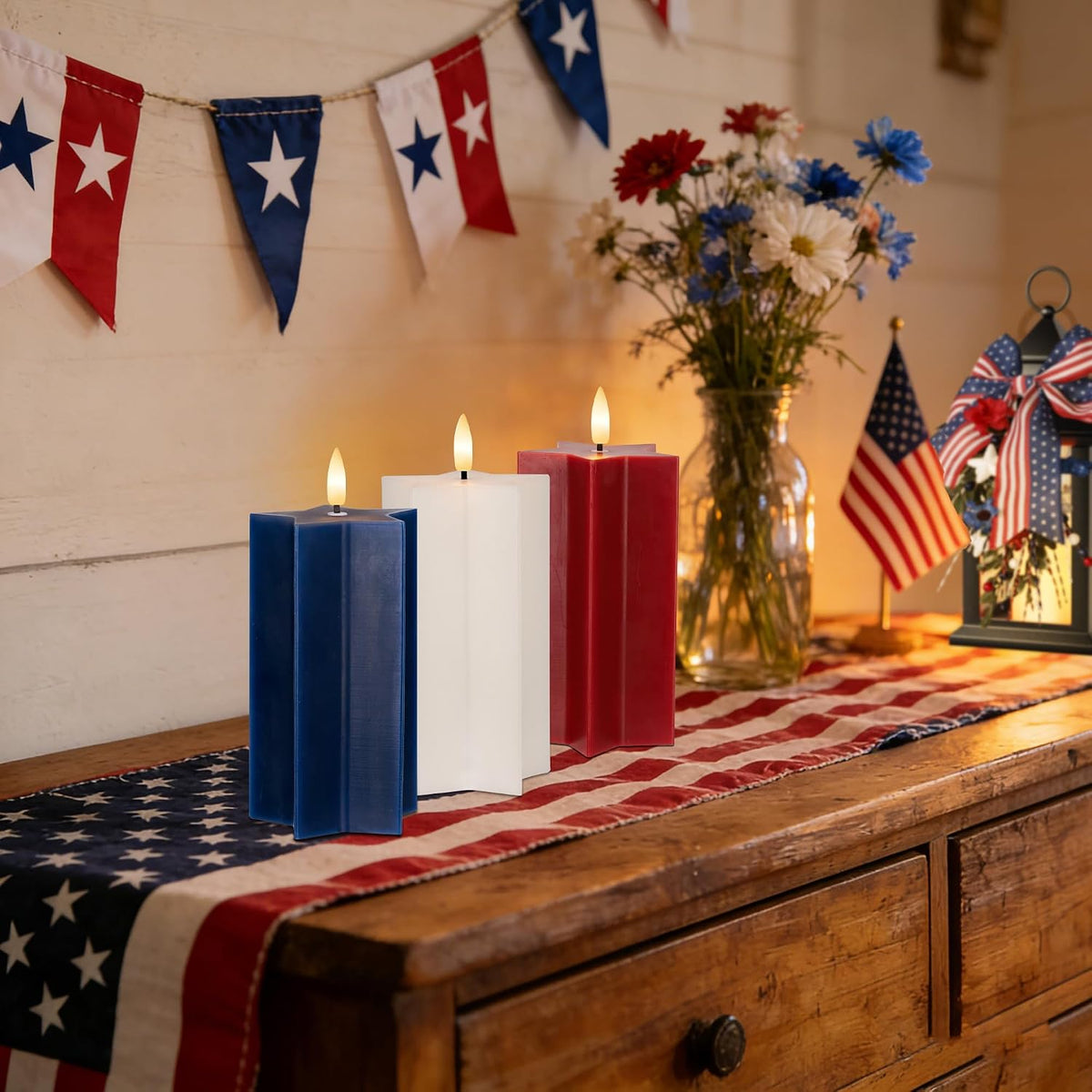 4Th of July Flameless Candles with Remote, Red White and Blue LED Candles | Battery Operated Patriotic Decorative Candles, Star Shaped, Real Wax, for Independence Day Home Party Decor, Set of 3