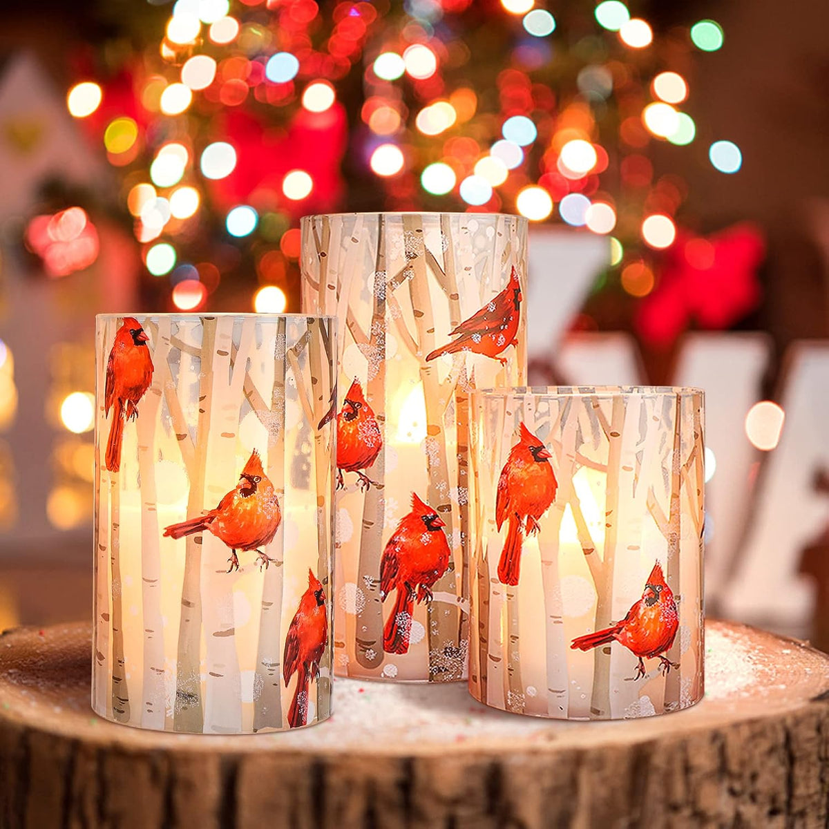 Christmas Flameless Candles with Remote, Cardinal Theme | Battery Operated LED Candles with Timer, Real Wax & Glass Effect Candle for Christmas Home Festival Décor, Set of 3