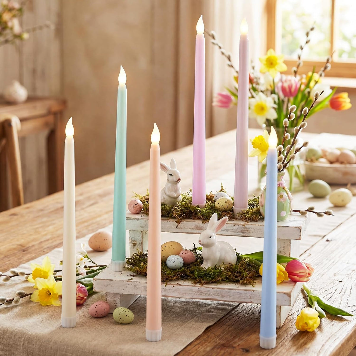 6 Pcs Easter Flameless Taper Candles 10.8 Inch Pastel Candles Battery Operated LED Candlesticks for Easter Dinner Table Home Party Decor