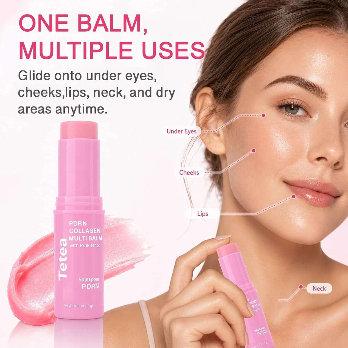 PDRN Pink Collagen Multi Balm Stick & under Eye Patch Set, 0.32 Oz | Caffeine and Pink B12, Hydrating Care, for under Eyes, Face, Neck and Lips, 60 Eye Patches