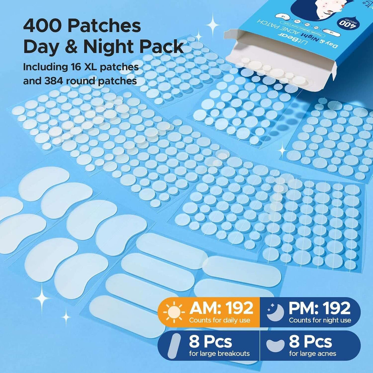 Pimple Patches for Face, 5 Sizes 400 Counts Hydrocolloid Acne Patch, Day & Night Spot Stickers Variety Pack, Thin & Thick for Covering Zits, Pimples, Large Breakouts, Chin, Forehead