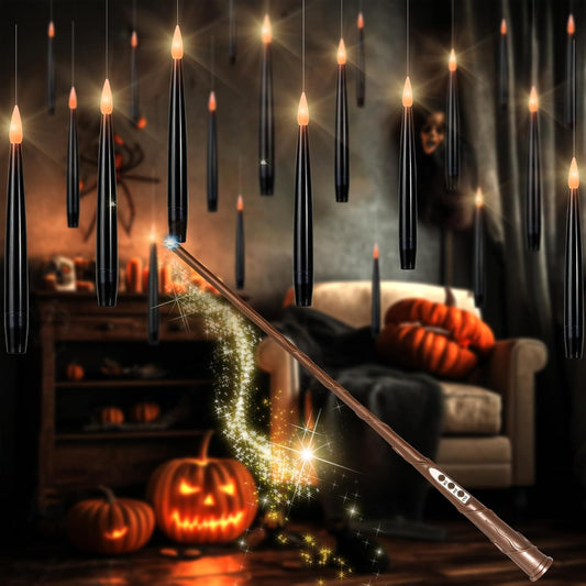 Floating Candles with Wand, Halloween Magic Flameless Candles | 10 Pack Magic Hanging Candles, Black Flameless Taper Candles with Wand Remote, Halloween Battery Candlesticks