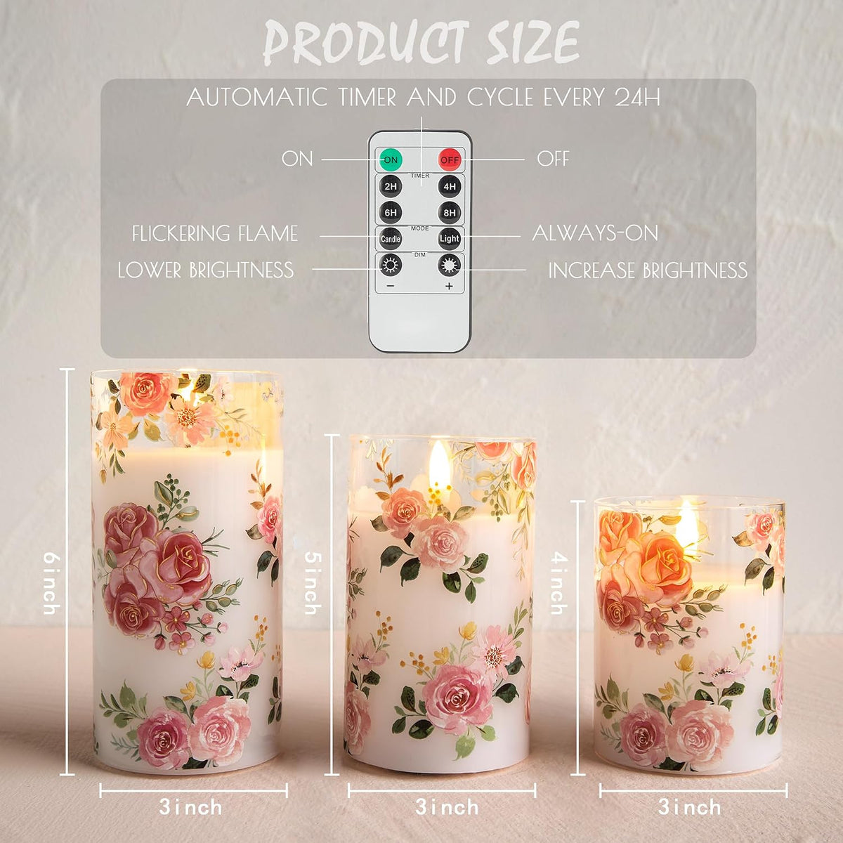 Flameless Rose Candles Glass, Pink Floral Battery Remote Candles | Romantic Pink Rose LED Candles Set of 3, Valentine'S Day Fake Battery Candles Gift Home Table Mantel Decor