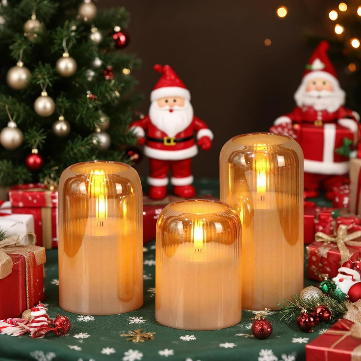 Striped Glass Flameless Candles Battery Operated with Remote Timer | Gray LED Flickering Pillar Candle, 3D Wick Long Lasting, Dinner Wedding Christmas Holiday Decor, 3"D X 4",5",6"H, 3 Pack