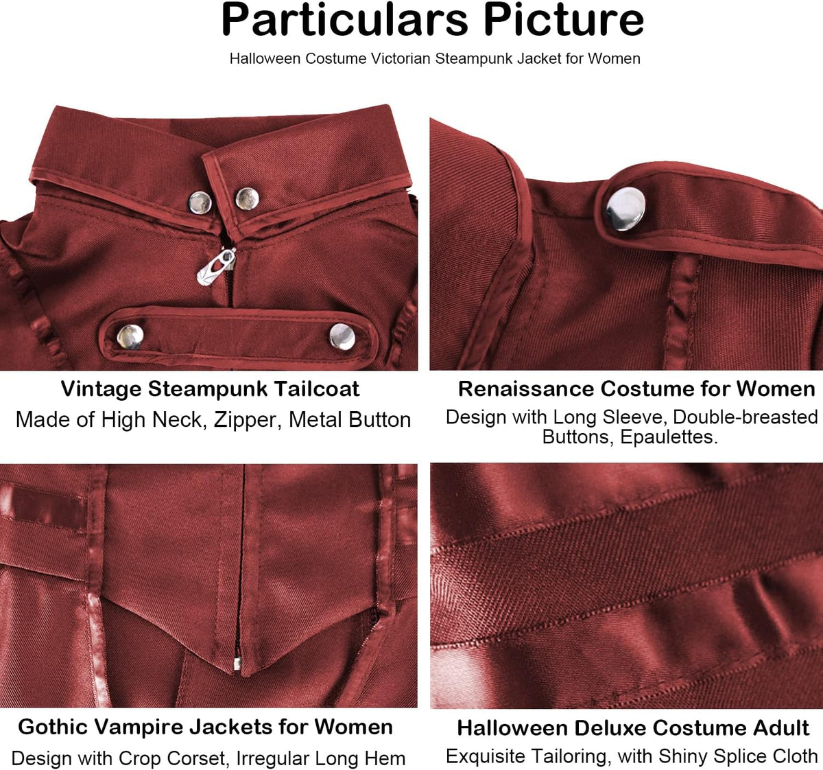 Women Renaissance Pirate Vampire Jacket Coat Halloween Costumes | Vintage Steampunk Aristocrat Style.For Cosplay/Larp/Gothic.Asymmetrical High-Low Hem,Smooth Thick Woven Fabric,Zipper Closure