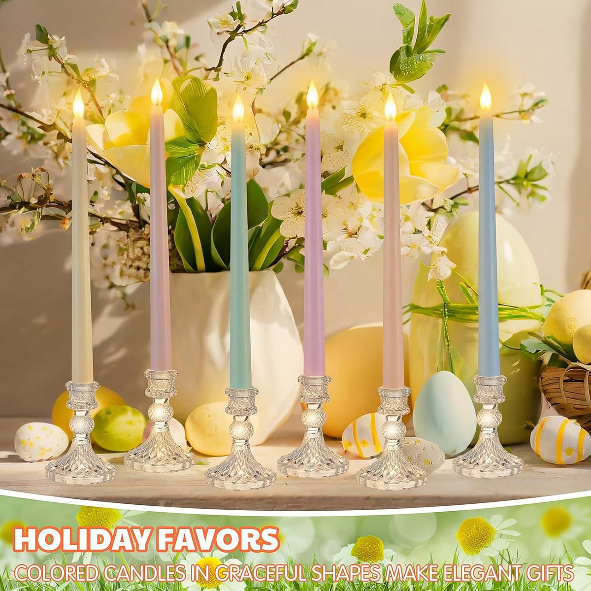 6 Pcs Easter Flameless Taper Candles 10.8 Inch Pastel Candles Battery Operated LED Candlesticks for Easter Dinner Table Home Party Decor