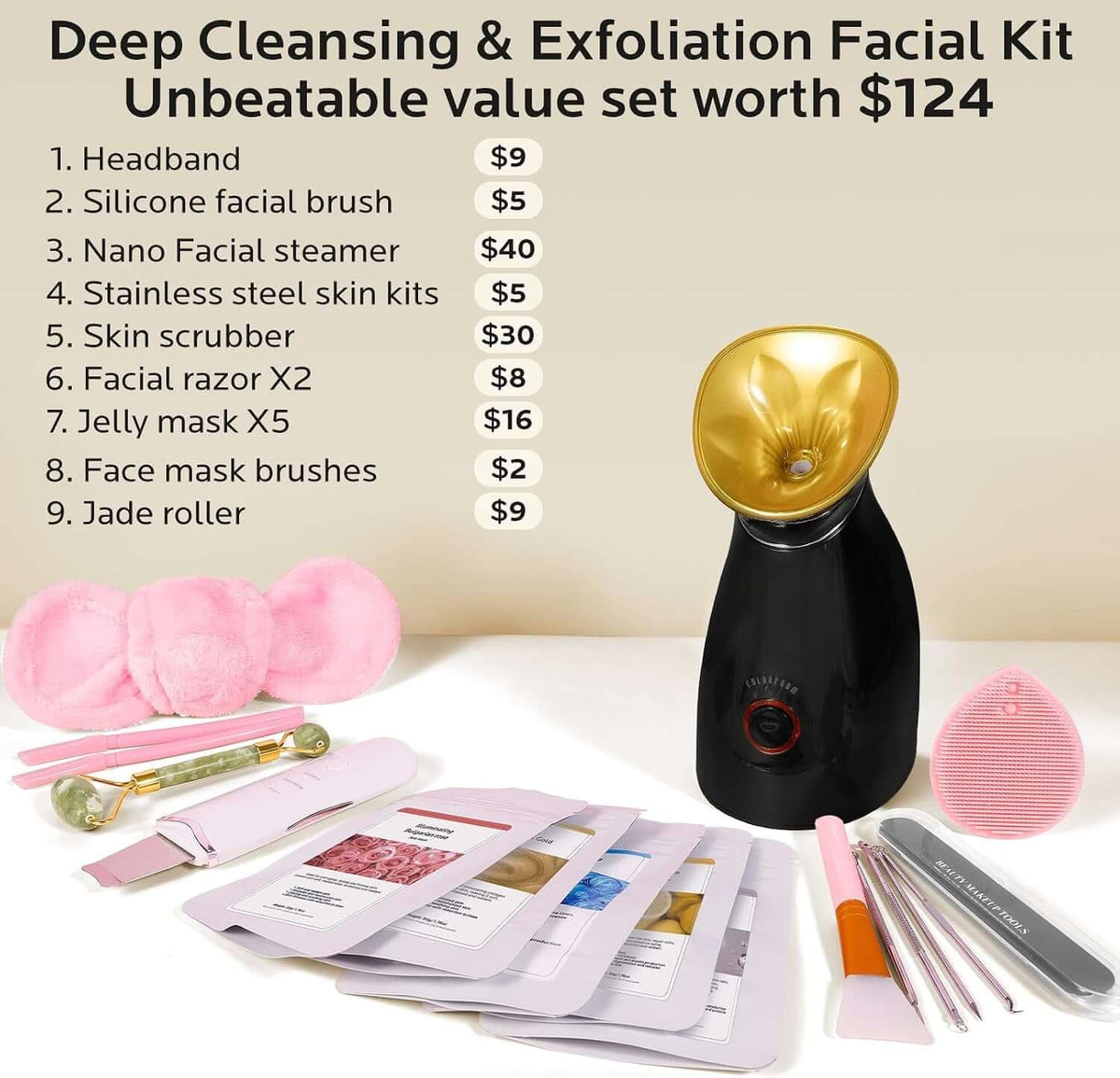 Facial Steamer Spa Kit with 17 Skin Care Tools for Home Spa | Nano Ionic Steam Face Steamer, Deep Pore Cleansing, Skin Hydration, Healthy-Looking Glow, Birthday Self Care Gifts for Women