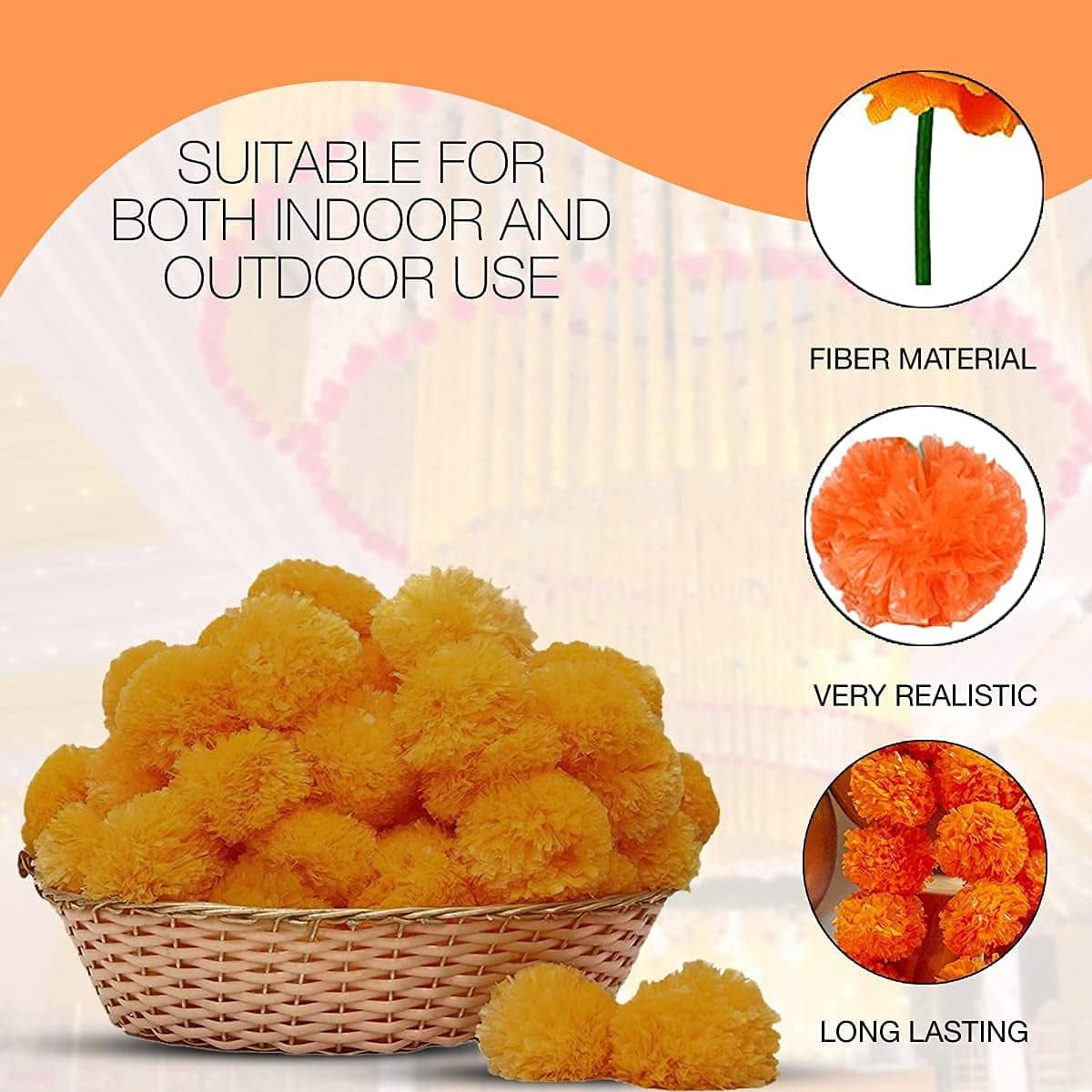 5 PC - 5 Feet Marigold Garland |Indian/American Wedding Party Mantle Decoration, Faux Garlands Wedding Garland, Diwali Decoration, Spring Bush Floral! (Yellow & Dark Orange)