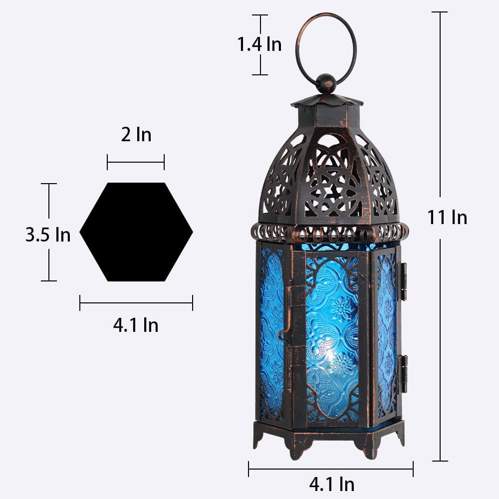 Christmas Lanterns Decorations Indoor & Outdoor, 11’’ Medium Size Vintage Metal Hanging&Tabletop Candle Holder Decor, Halloween Ramadan Decorations for Home Porch Patio(Blue)