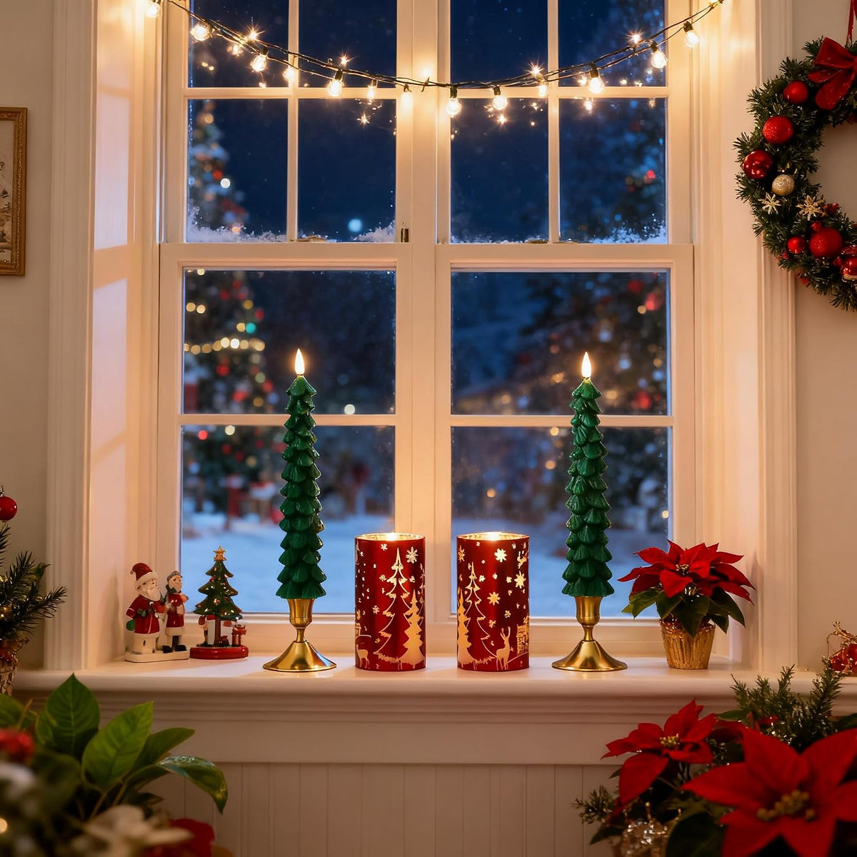 Chritsmas Flameless Candles, Battery Operated Christmas Candles, Real Wax Glass Flickering LED Candles, Tree Candlestick for Home Christmas Decor, Remote Timer