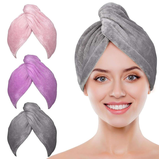 Microfiber Hair Towel Wrap, 3 Pack Fast Drying Hair Turban | Stocking Stuffers for Women, Soft Ultra Absorbent, No Frizz Hair Wrap Towels for Women Wet Hair, Curly, Longer, Thicker Hair