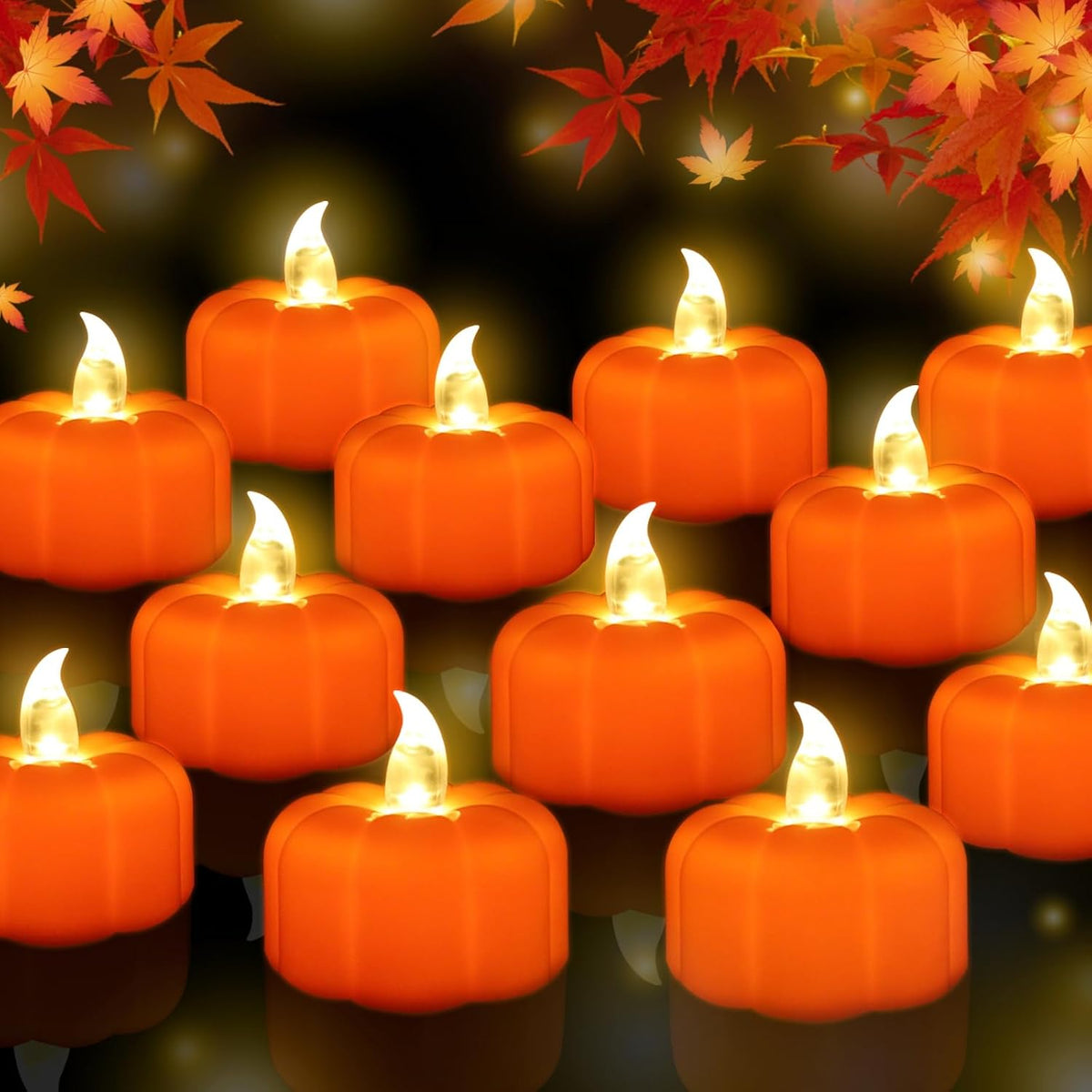 12 Pack Fall Decorations for Home Pumpkin Tea Lights Halloween Decor | LED Orange Pumpkin Lights Flameless Candles Battery Operated, Thanksgiving Flickering Tealight for Table Indoor Party Decor