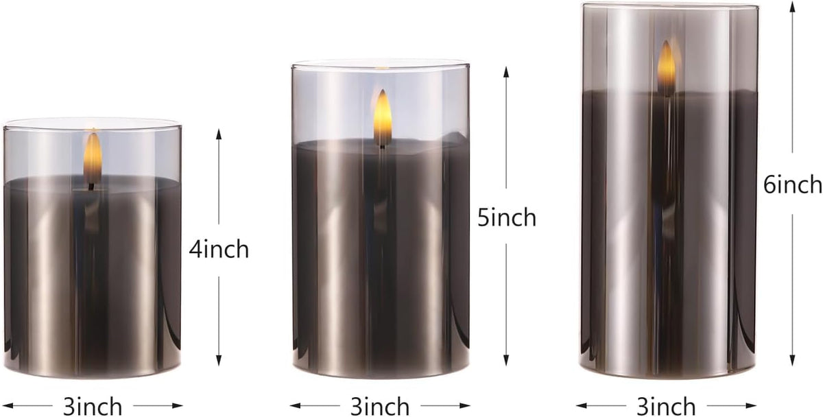 Flameless Candles Battery Operated Candles LED Pillar Grey Glass Candles | 10-Key Control with Remote and Timers for Indoor Party, Wedding,Tabletop Halloween Decorations, H 4" 5" 6", Set of 3