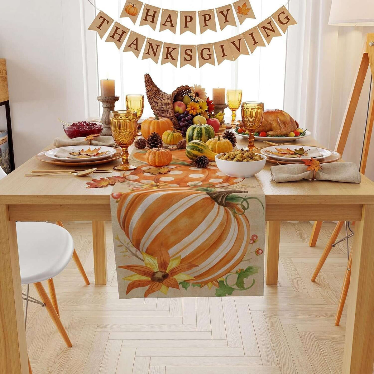 Thanksgiving Decorations - Pumpkin Table Runner - Friendsgiving Party Decorations for Home | Thanksgiving Table Decor Accessories for Indoor Outdoor Fall Party Supplies