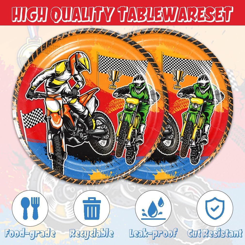 41Pcs Dirt Bike Party Supplies ,Include 20 Plates, 20 Napkin and 1Pcs Tablecloth,Used for Motocross Dirt Bike Birthday Party Decoration (Orange Dirt Bike)