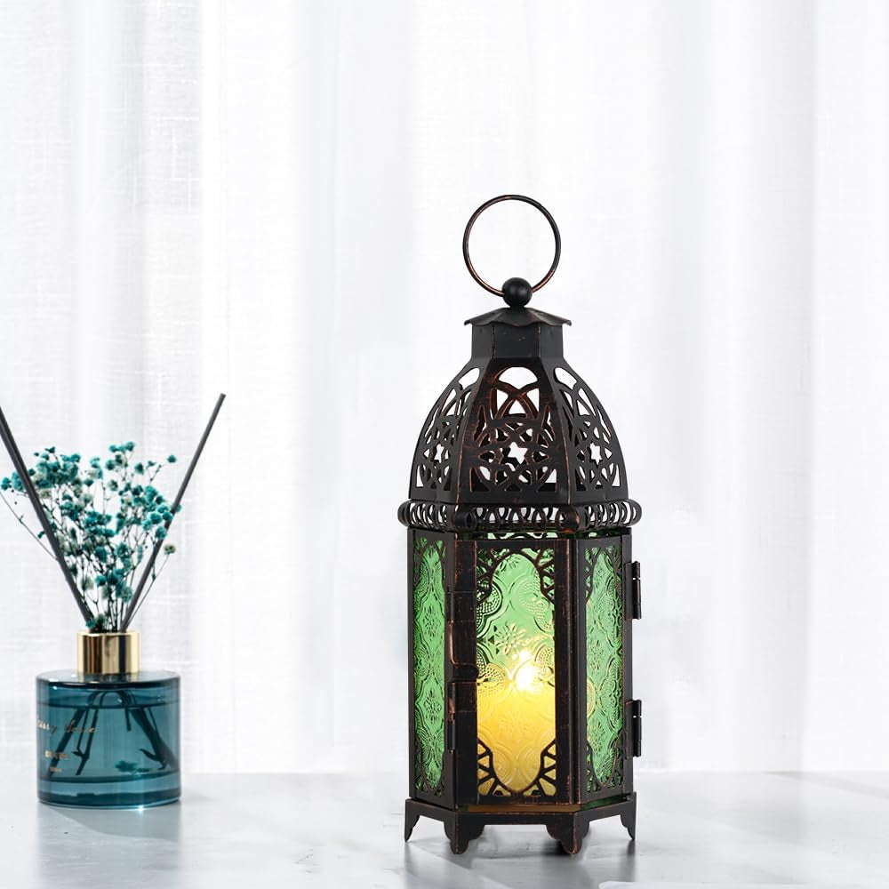 Christmas Decorations for Home, 11’’ Medium Size Vintage Metal Hanging&Tabletop Candle Holder Decor, Halloween Ramadan Decorations for Indoor Outdoor Porch Patio (Green)