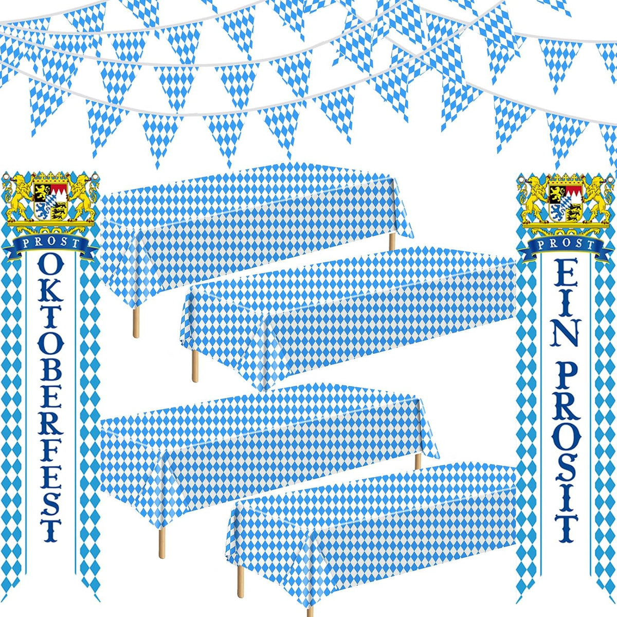 Oktoberfest Decorations Kit for German Beer Festival Theme Party | Includes 4 Table Covers, 1 Pennant Banner and 2 Door Banners for Oktoberfest Party Decorations