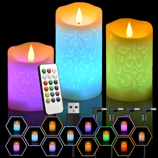 Rechargeable Color Changing Candles with Remote Timer USB Cable 3PCS LED Multi Colored Flameless Candles Battery Operated Real Wax USB Pillar Candles Flickering for Halloween Christmas Decor