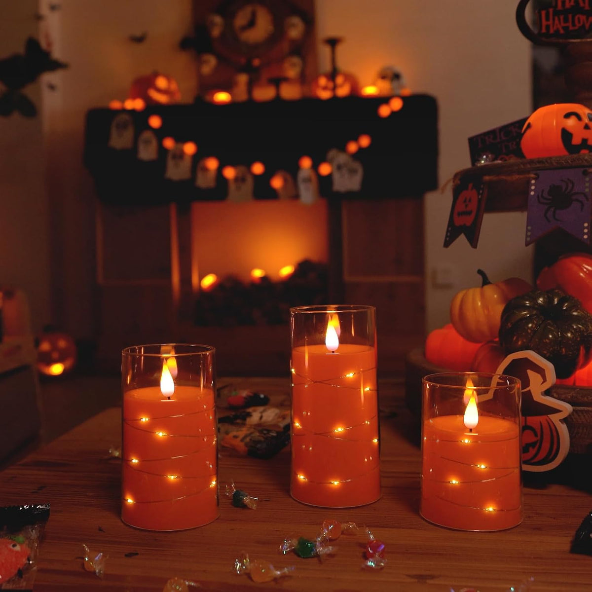 Halloween Orange Flameless Candles with String Lights, Battery Operated LED Candles with Remote and Timer, Candles for Halloween Decoration, Fall, Harvest Festival
