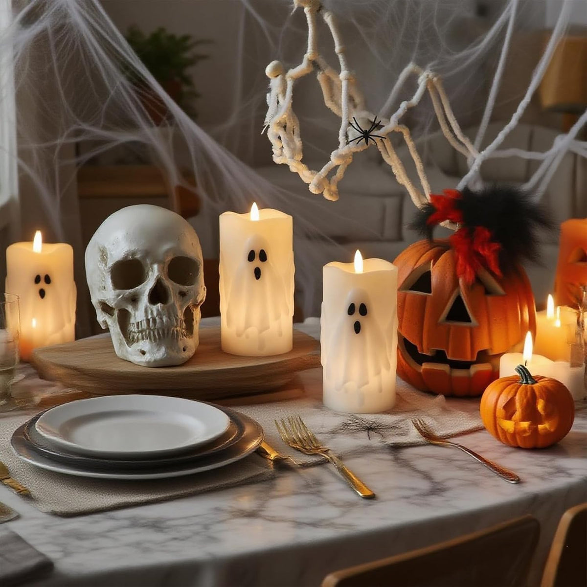 Halloween Ghost Flameless LED Pillar Candles with Remote Timer | Realistic 3D Wick Flickering, Real Wax Ghost Relief Long Lasting, Cute Spooky Halloween Indoor Decor, 3"D X 6.5"H, 2 Pack
